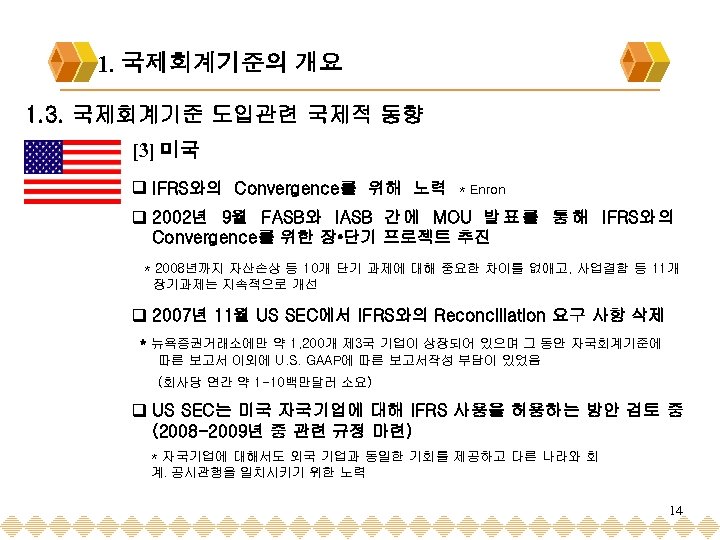 1. 국제회계기준의 개요 1. 3. 국제회계기준 도입관련 국제적 동향 [3] 미국 q IFRS와의 Convergence를