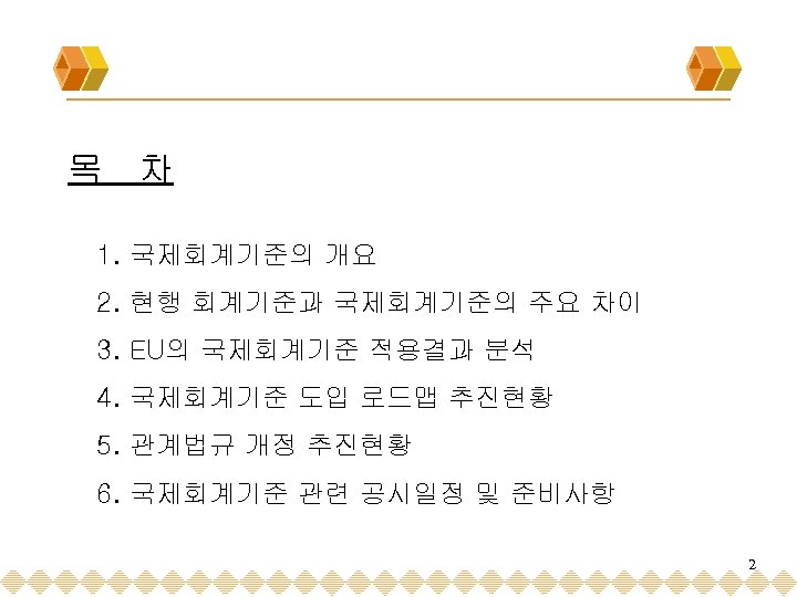 목 차 1. 국제회계기준의 개요 2. 현행 회계기준과 국제회계기준의 주요 차이 3. EU의 국제회계기준
