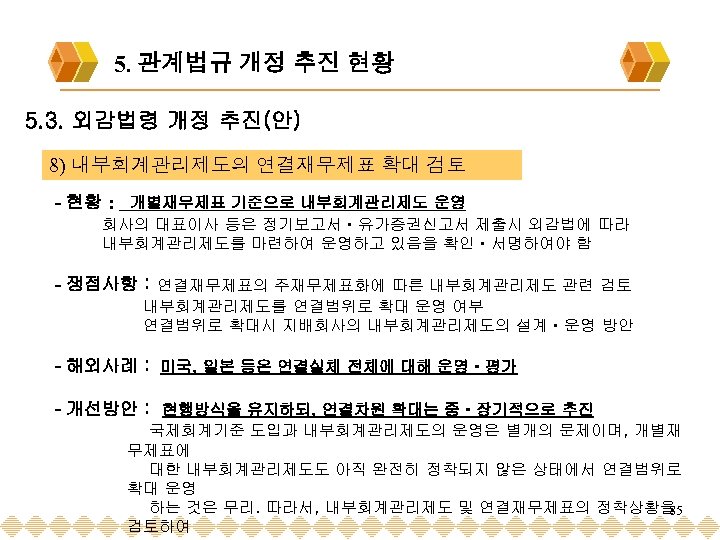 5. 관계법규 개정 추진 현황 5. 3. 외감법령 개정 추진(안) 8) 내부회계관리제도의 연결재무제표 확대