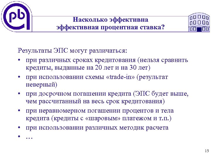 Насколько эффективная процентная ставка? Результаты ЭПС могут различаться: • при различных сроках кредитования (нельзя