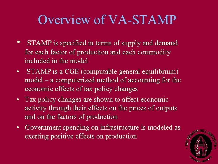 Overview of VA-STAMP • STAMP is specified in terms of supply and demand for