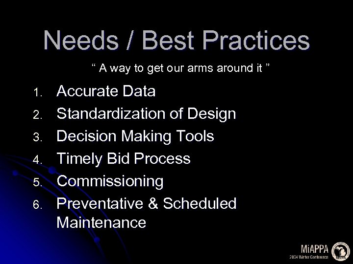 Needs / Best Practices “ A way to get our arms around it ”