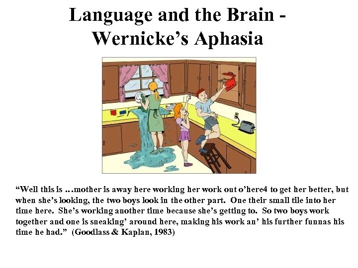 Language and the Brain Wernicke’s Aphasia “Well this is …mother is away here working