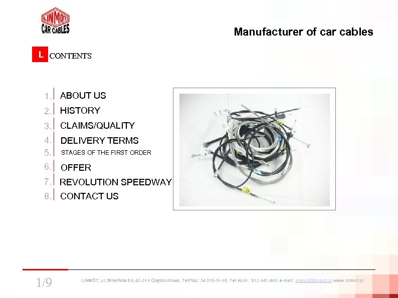 Manufacturer of car cables L L CONTENTS 1. ABOUT US 2. HISTORY 3. CLAIMS/QUALITY
