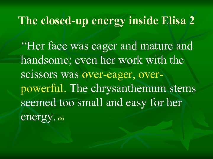 The closed-up energy inside Elisa 2 “Her face was eager and mature and handsome;