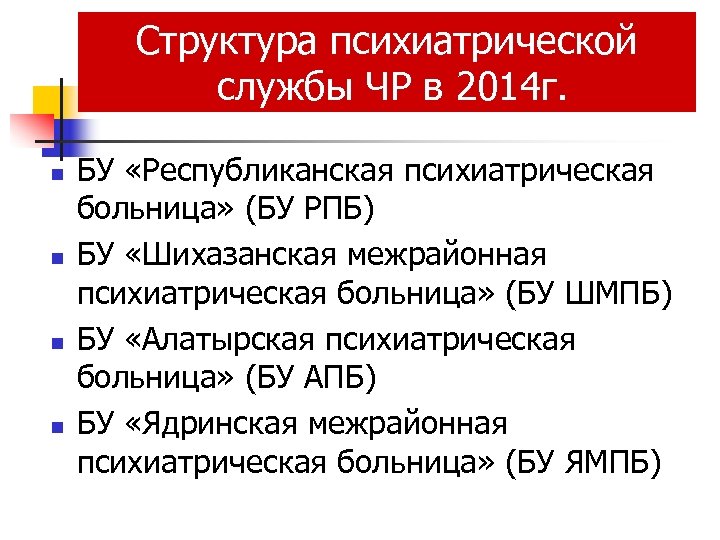 Структура психиатрической службы ЧР в 2014 г. n n БУ «Республиканская психиатрическая больница» (БУ