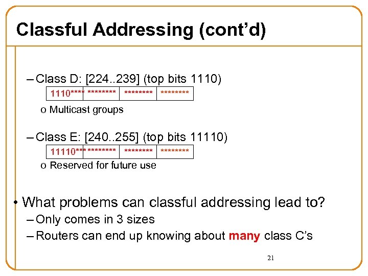Classful Addressing (cont’d) – Class D: [224. . 239] (top bits 1110) 1110******** o