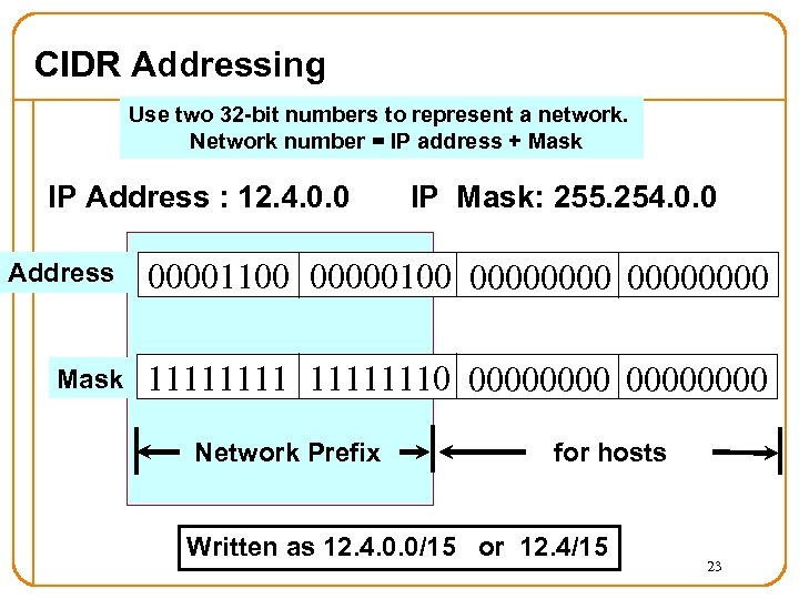 CIDR Addressing Use two 32 -bit numbers to represent a network. Network number =