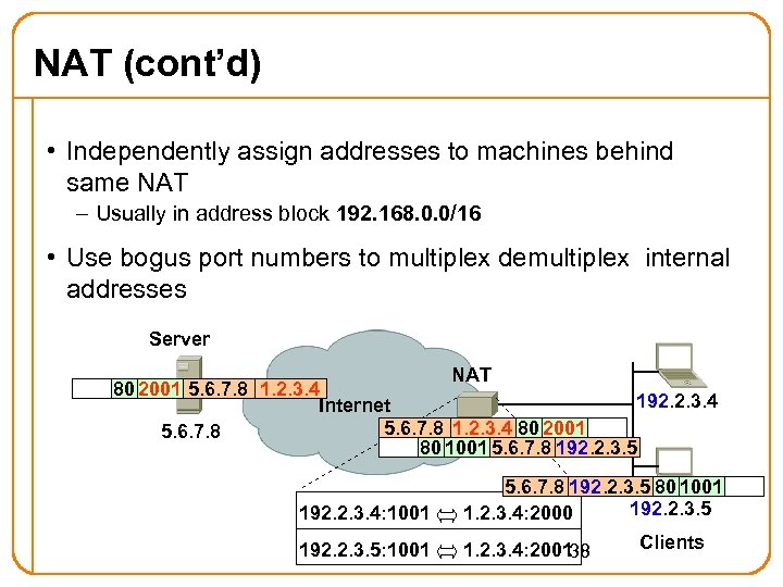NAT (cont’d) • Independently assign addresses to machines behind same NAT – Usually in