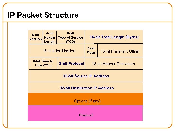 IP Packet Structure 4 -bit 8 -bit 4 -bit Version Header Type of Service