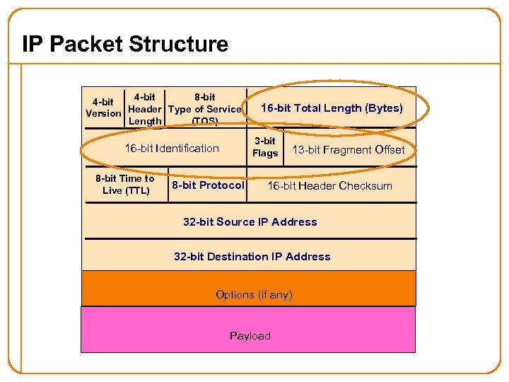 IP Packet Structure 4 -bit 8 -bit 4 -bit Version Header Type of Service