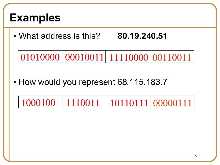 Examples • What address is this? 80. 19. 240. 51 01010000 00010011 11110000 0011