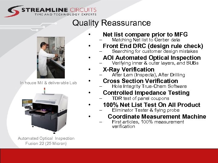 Quality Reassurance • • In house Mil & deliverable Lab • • – –