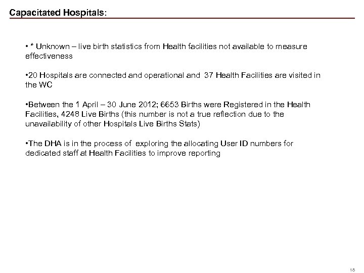 Capacitated Hospitals: • * Unknown – live birth statistics from Health facilities not available