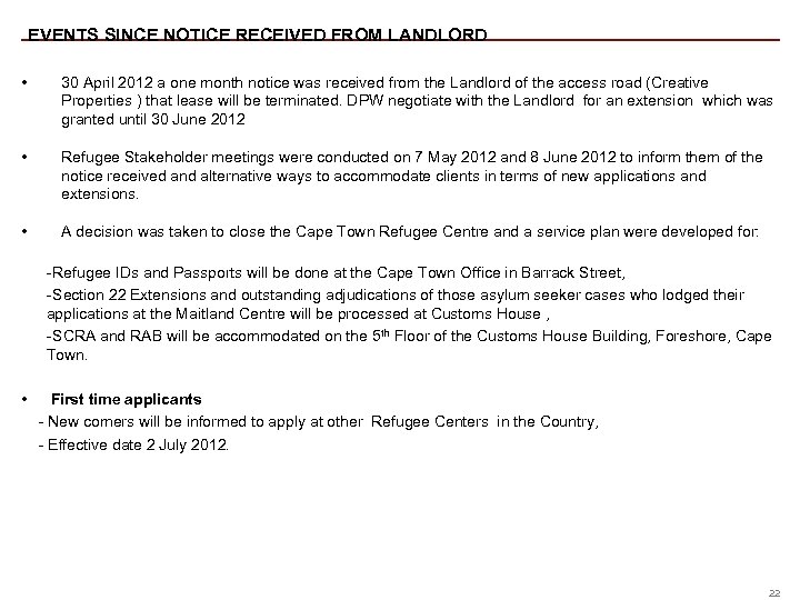 EVENTS SINCE NOTICE RECEIVED FROM LANDLORD • 30 April 2012 a one month notice