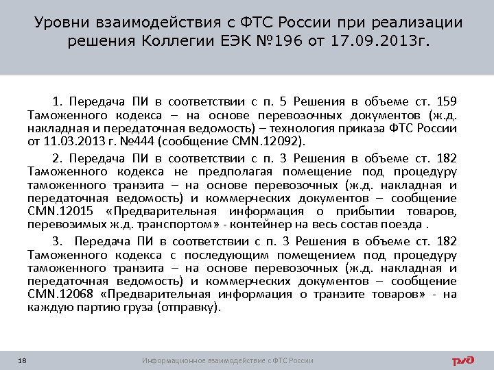 Уровни взаимодействия с ФТС России при реализации решения Коллегии ЕЭК № 196 от 17.