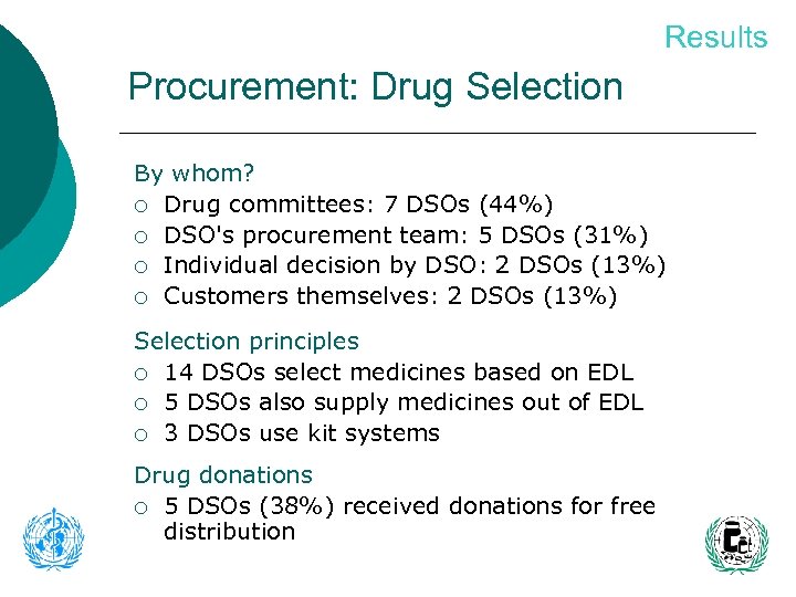 Results Procurement: Drug Selection By whom? ¡ Drug committees: 7 DSOs (44%) ¡ DSO's