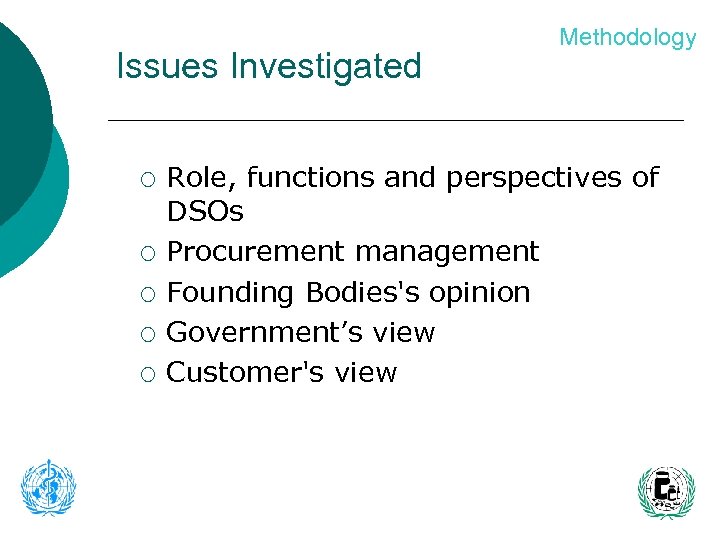 Issues Investigated ¡ ¡ ¡ Methodology Role, functions and perspectives of DSOs Procurement management