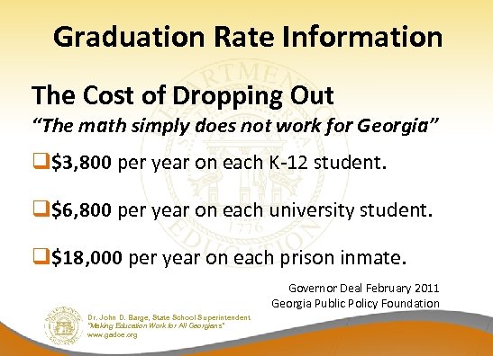 Graduation Rate Information The Cost of Dropping Out “The math simply does not work