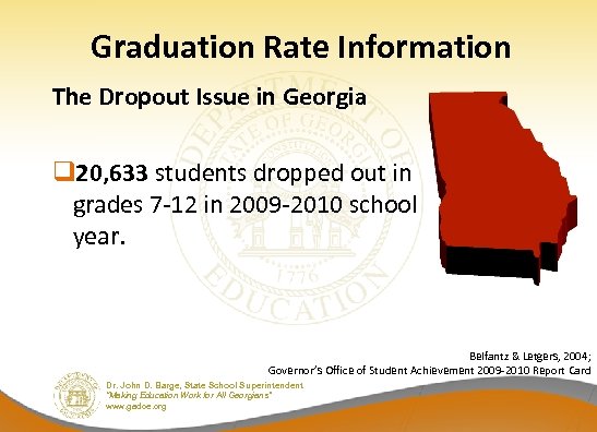 Graduation Rate Information The Dropout Issue in Georgia q 20, 633 students dropped out