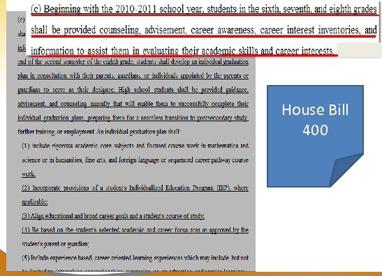 House Bill 400 Dr. John D. Barge, State School Superintendent “Making Education Work for