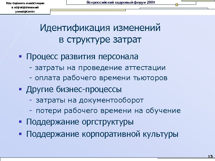 Как оценить инвестиции в корпоративный университет Всероссийский кадровый форум 2005 Идентификация изменений в структуре