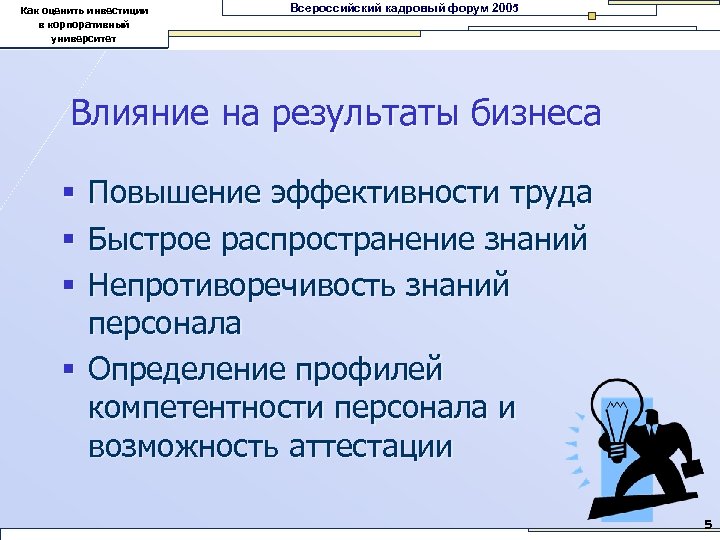 Как оценить инвестиции в корпоративный университет Всероссийский кадровый форум 2005 Влияние на результаты бизнеса