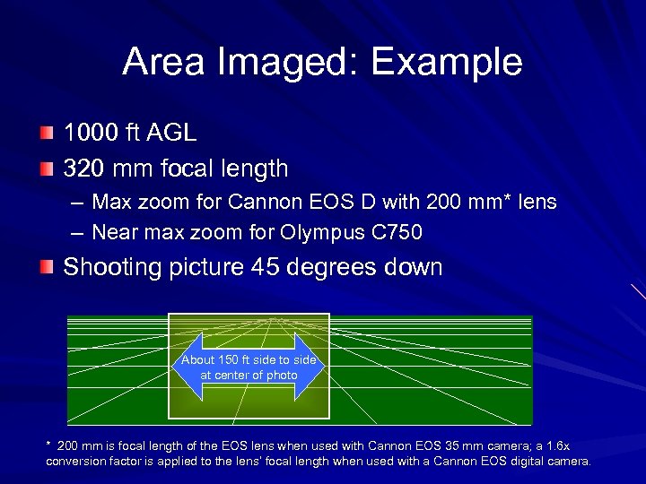 Area Imaged: Example 1000 ft AGL 320 mm focal length – Max zoom for