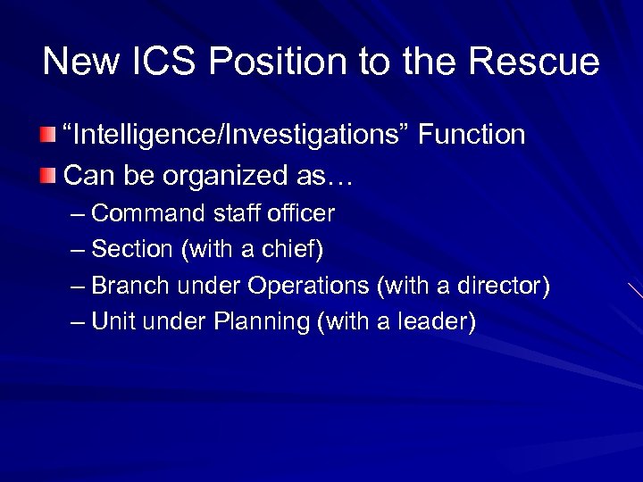 New ICS Position to the Rescue “Intelligence/Investigations” Function Can be organized as… – Command
