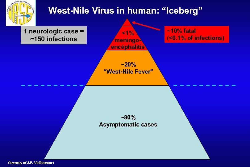 West-Nile Virus in human: “Iceberg” 1 neurologic case = ~150 infections <1% meningoencéphalitis ~20%