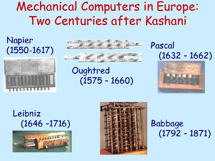 Mechanical Computers in Europe: Two Centuries after Kashani Napier (1550 -1617) Pascal (1632 –