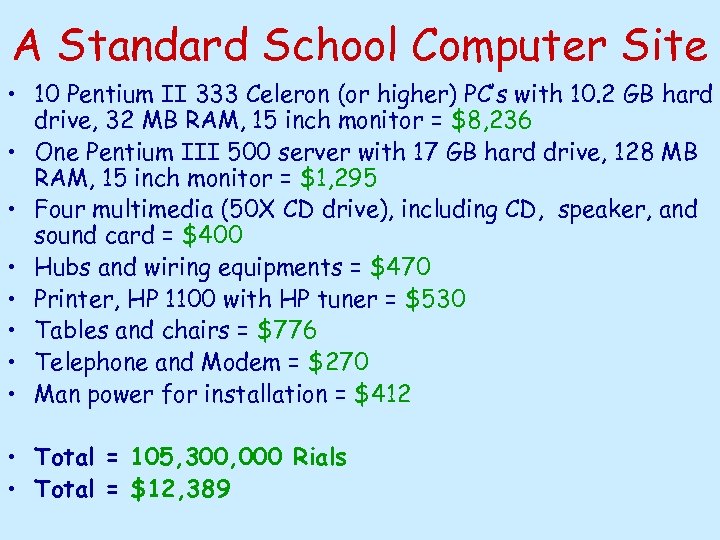 A Standard School Computer Site • 10 Pentium II 333 Celeron (or higher) PC’s