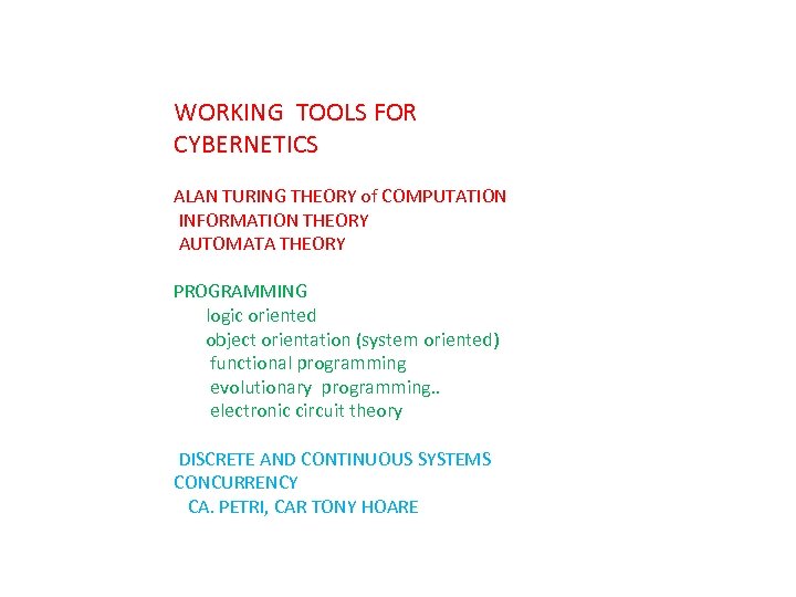 WORKING TOOLS FOR CYBERNETICS ALAN TURING THEORY of COMPUTATION INFORMATION THEORY AUTOMATA THEORY PROGRAMMING