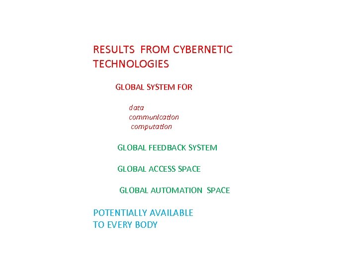 RESULTS FROM CYBERNETIC TECHNOLOGIES GLOBAL SYSTEM FOR data communication computation GLOBAL FEEDBACK SYSTEM GLOBAL