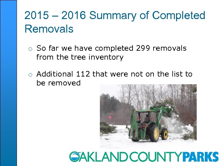 2015 – 2016 Summary of Completed Removals o So far we have completed 299