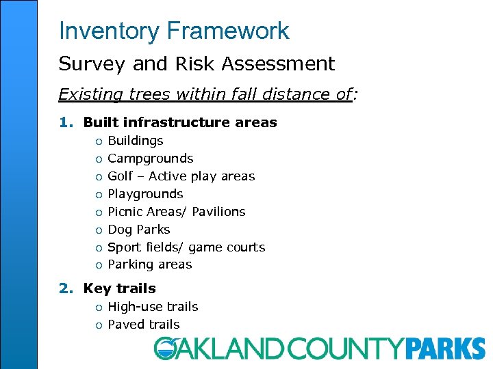 Inventory Framework Survey and Risk Assessment Existing trees within fall distance of: 1. Built