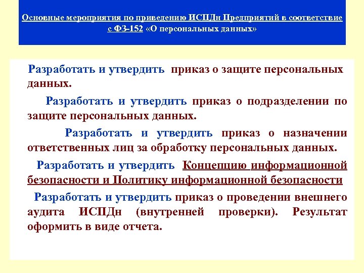 Основные мероприятия по приведению ИСПДн Предприятий в соответствие с ФЗ-152 «О персональных данных» Разработать
