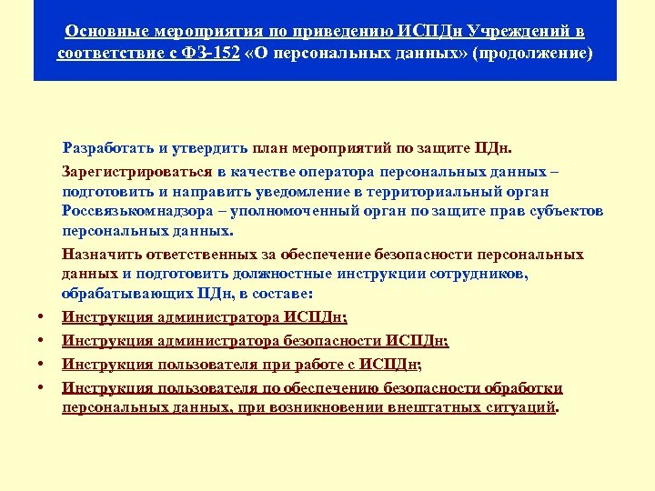 Основные мероприятия по приведению ИСПДн Учреждений в соответствие с ФЗ-152 «О персональных данных» (продолжение)