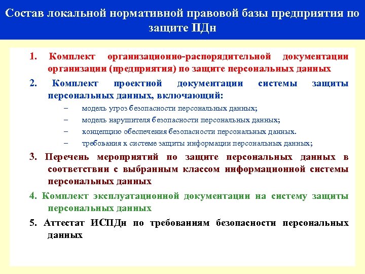 Состав локальной нормативной правовой базы предприятия по защите ПДн 1. Комплект организационно-распорядительной документации организации