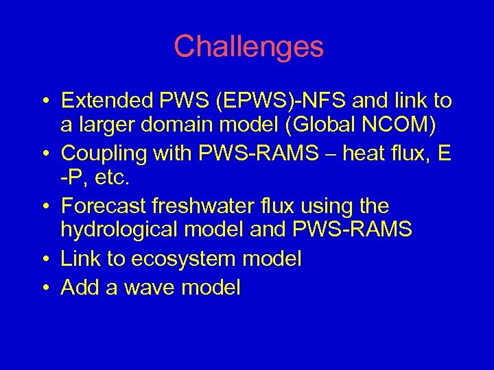 Challenges • Extended PWS (EPWS)-NFS and link to a larger domain model (Global NCOM)