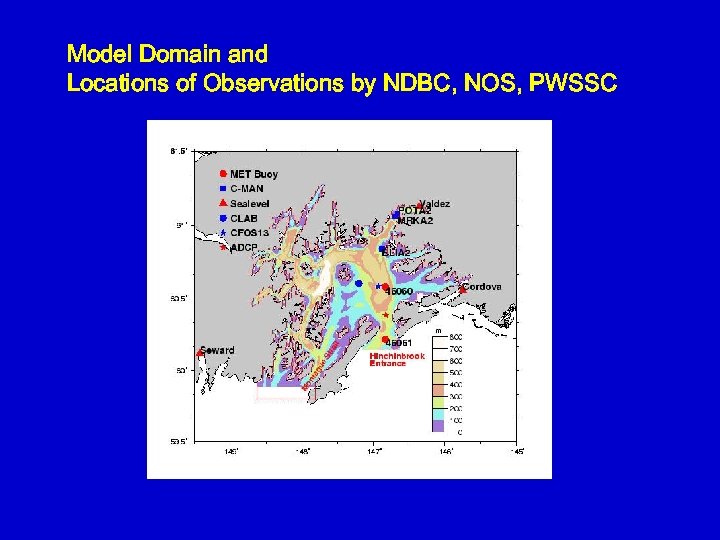 Model Domain and Locations of Observations by NDBC, NOS, PWSSC 