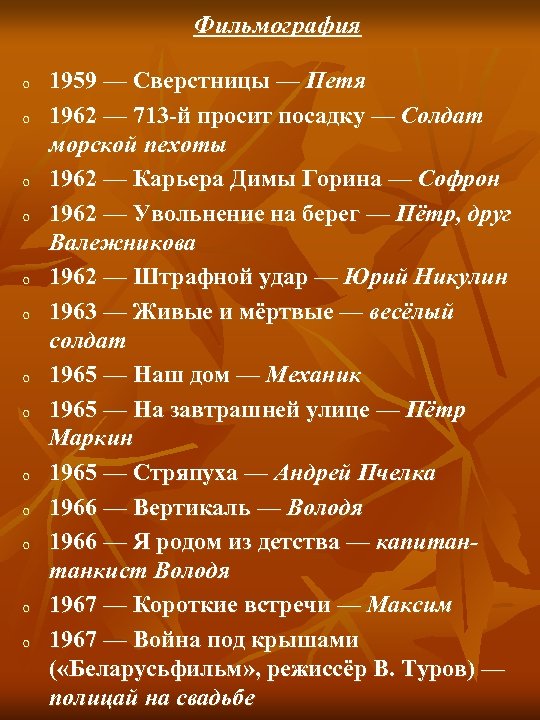 Фильмография o o o o 1959 — Сверстницы — Петя 1962 — 713 -й