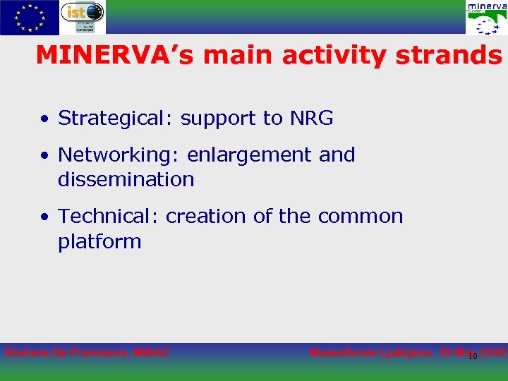 MINERVA’s main activity strands • Strategical: support to NRG • Networking: enlargement and dissemination