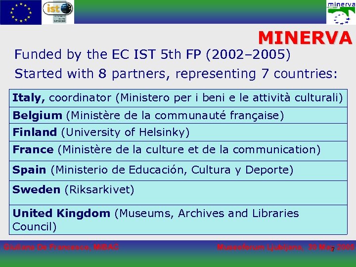 MINERVA Funded by the EC IST 5 th FP (2002– 2005) Started with 8
