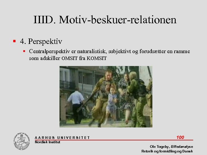 IIID. Motiv-beskuer-relationen 4. Perspektiv Centralperspektiv er naturalistisk, subjektivt og forudsætter en ramme som adskiller
