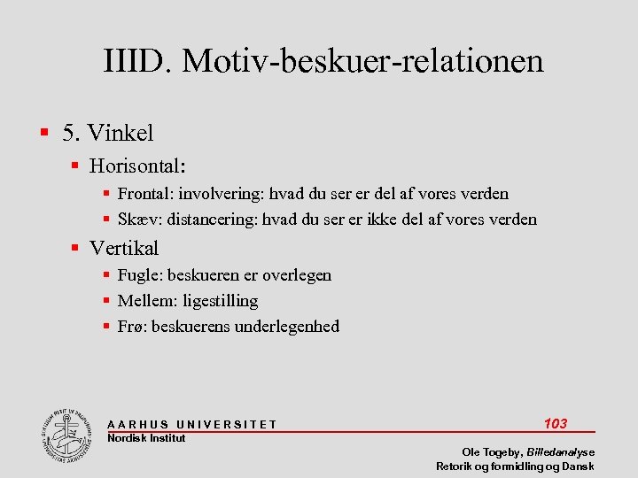 IIID. Motiv-beskuer-relationen 5. Vinkel Horisontal: Frontal: involvering: hvad du ser er del af vores