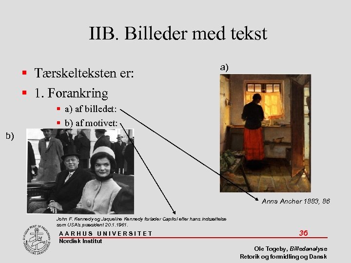 IIB. Billeder med tekst Tærskelteksten er: 1. Forankring a) af billedet: b) af motivet:
