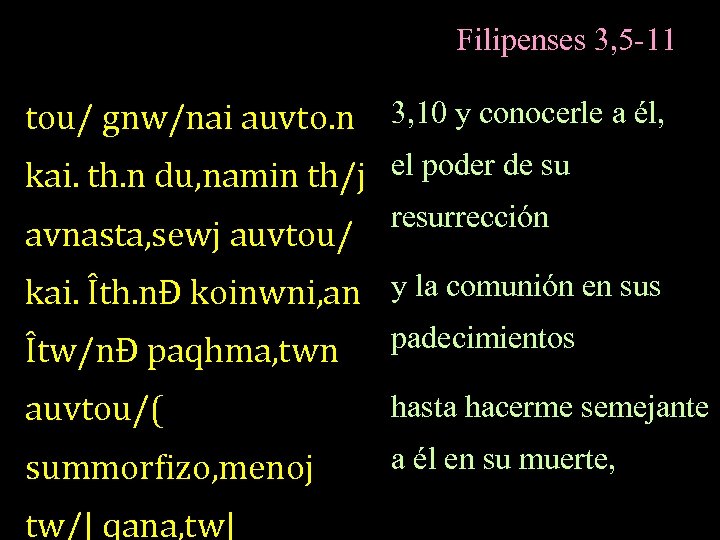 Filipenses 3, 5 -11 tou/ gnw/nai auvto. n 3, 10 y conocerle a él,