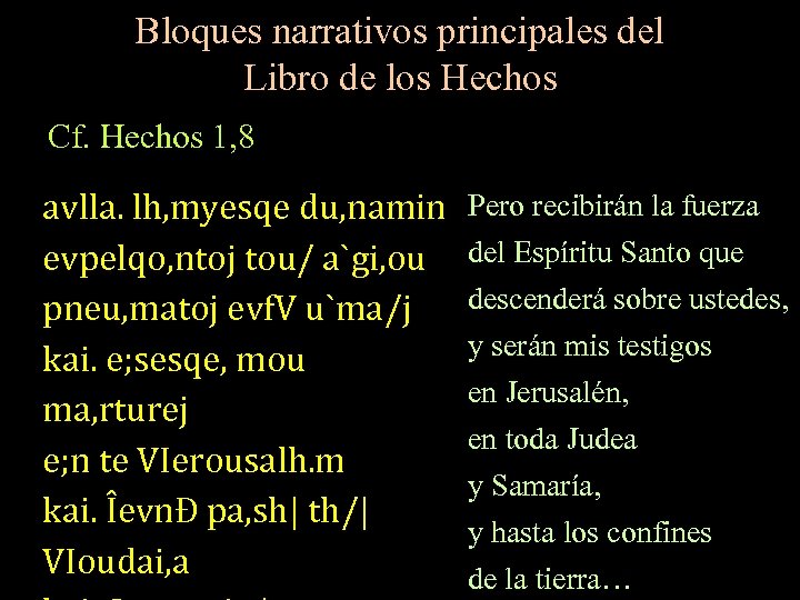 Bloques narrativos principales del Libro de los Hechos Cf. Hechos 1, 8 avlla. lh,