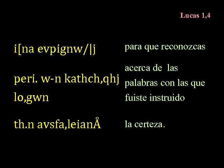 Lucas 1, 4 i[na evpignw/|j para que reconozcas peri. w-n kathch, qhj lo, gwn